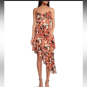 Gianni Bini Margot Copper Palm Asymmetrical Hemline Ruffle Dress